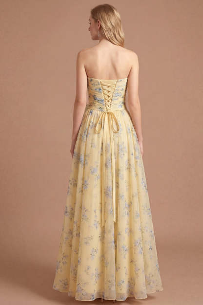 Light Yellow Floral A Line Strapless Long Wedding Guest Dress with Flower