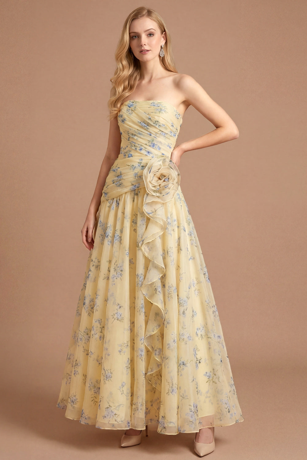 Light Yellow Floral A Line Strapless Long Wedding Guest Dress with Flower