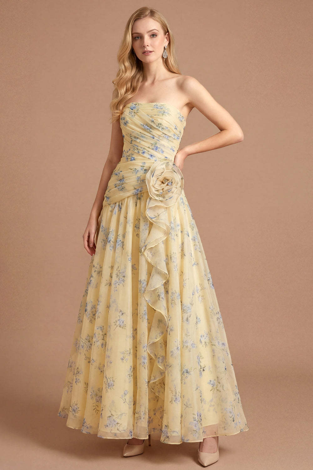 Leely Women Light Yellow Floral Long Wedding Guest Dress with Flower Strapless Ruched A Line Prom Dress
