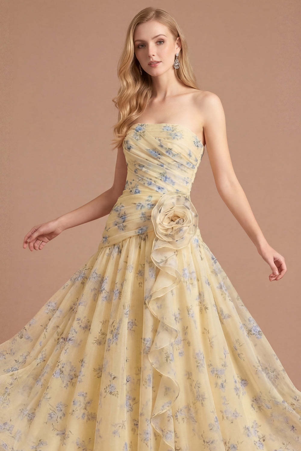 Light Yellow Floral A Line Strapless Long Wedding Guest Dress with Flower