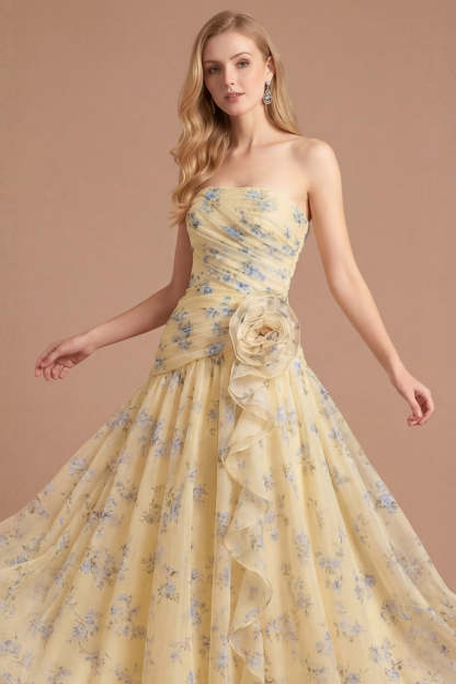Light Yellow Floral A Line Strapless Long Wedding Guest Dress with Flower