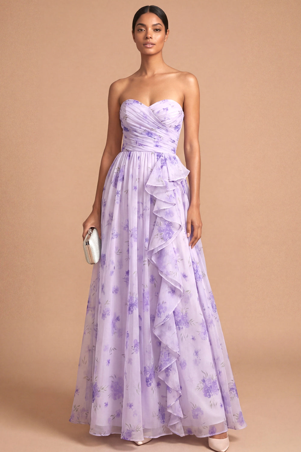 Leely Women Lilac A Line Floral Ruffled Long Wedding Guest Dress Strapless Backless Sleeveless Wedding Guest Dress