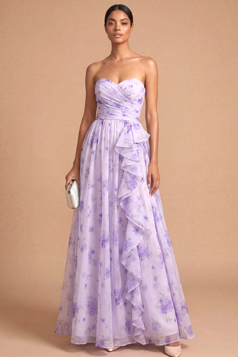 Leely Women Lilac A Line Floral Ruffled Long Wedding Guest Dress Strapless Backless Sleeveless Wedding Guest Dress