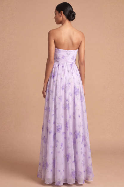 Lilac A Line Strapless Floral Ruffled Long Wedding Guest Dress