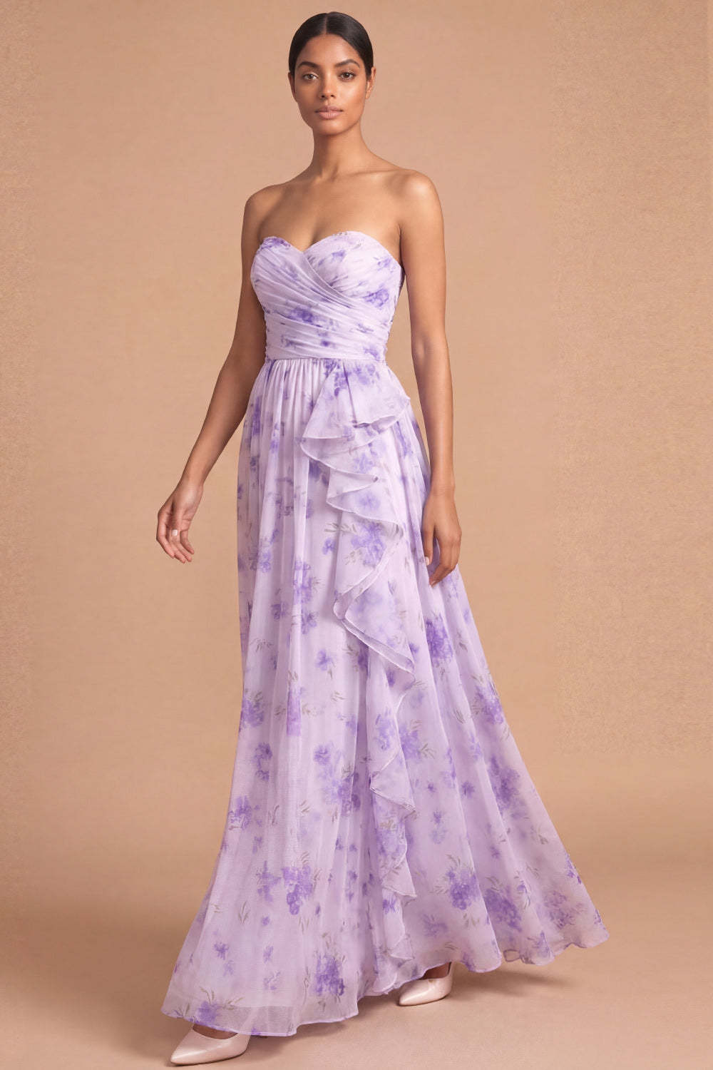 Lilac A Line Strapless Floral Ruffled Long Wedding Guest Dress