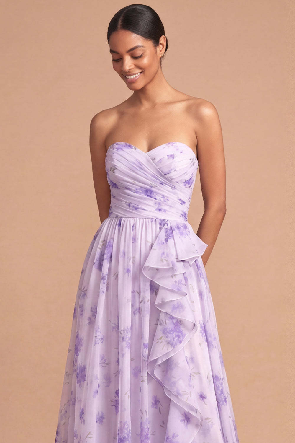 Lilac A Line Strapless Floral Ruffled Long Wedding Guest Dress