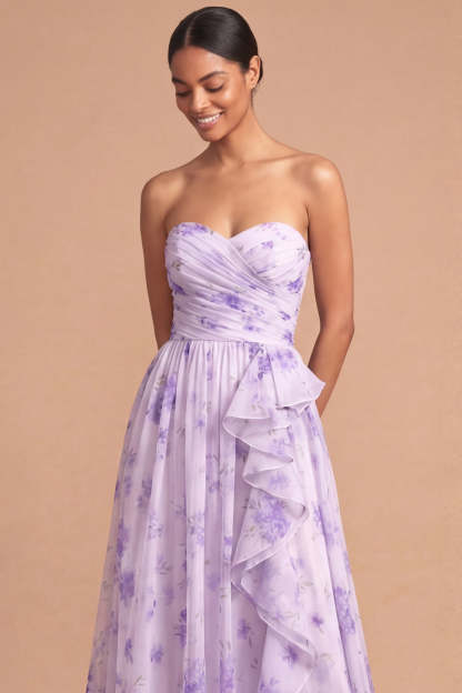 Lilac A Line Strapless Floral Ruffled Long Wedding Guest Dress