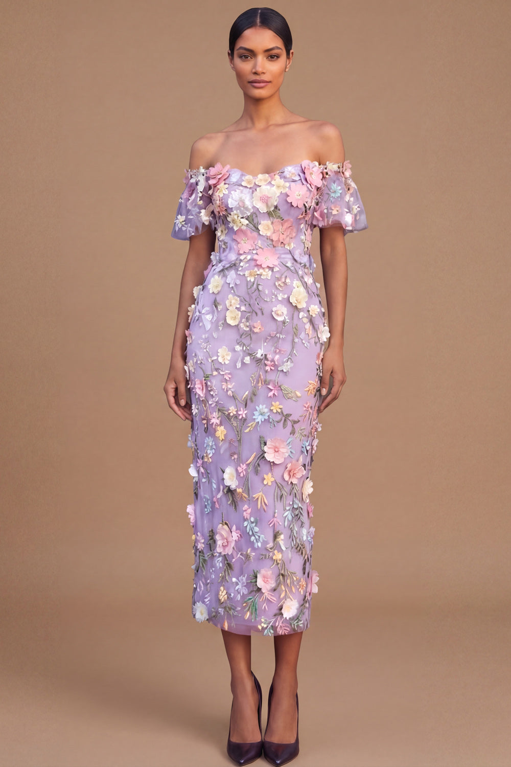 Lilac Floral Sheath Long Wedding Guest Dress with 3D Flower