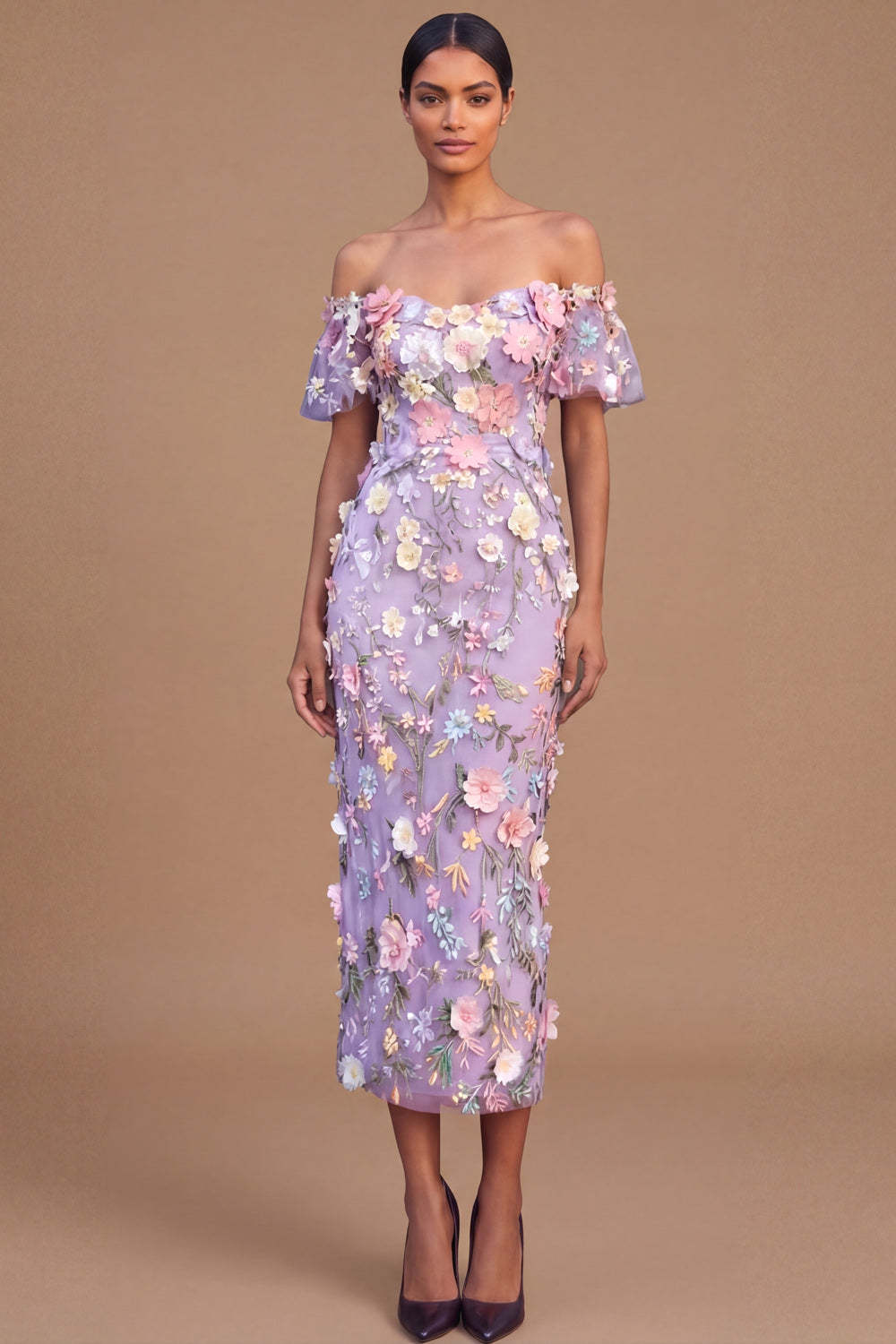 Leely Women Lilac Floral Long Wedding Guest Dress with 3D Flower Off the Shoulder Sheath Prom Dress with Sleeves