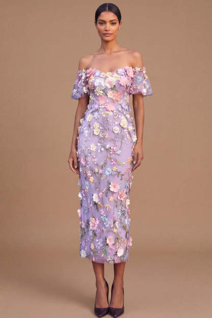 Leely Women Lilac Floral Long Wedding Guest Dress with 3D Flower Off the Shoulder Sheath Prom Dress with Sleeves