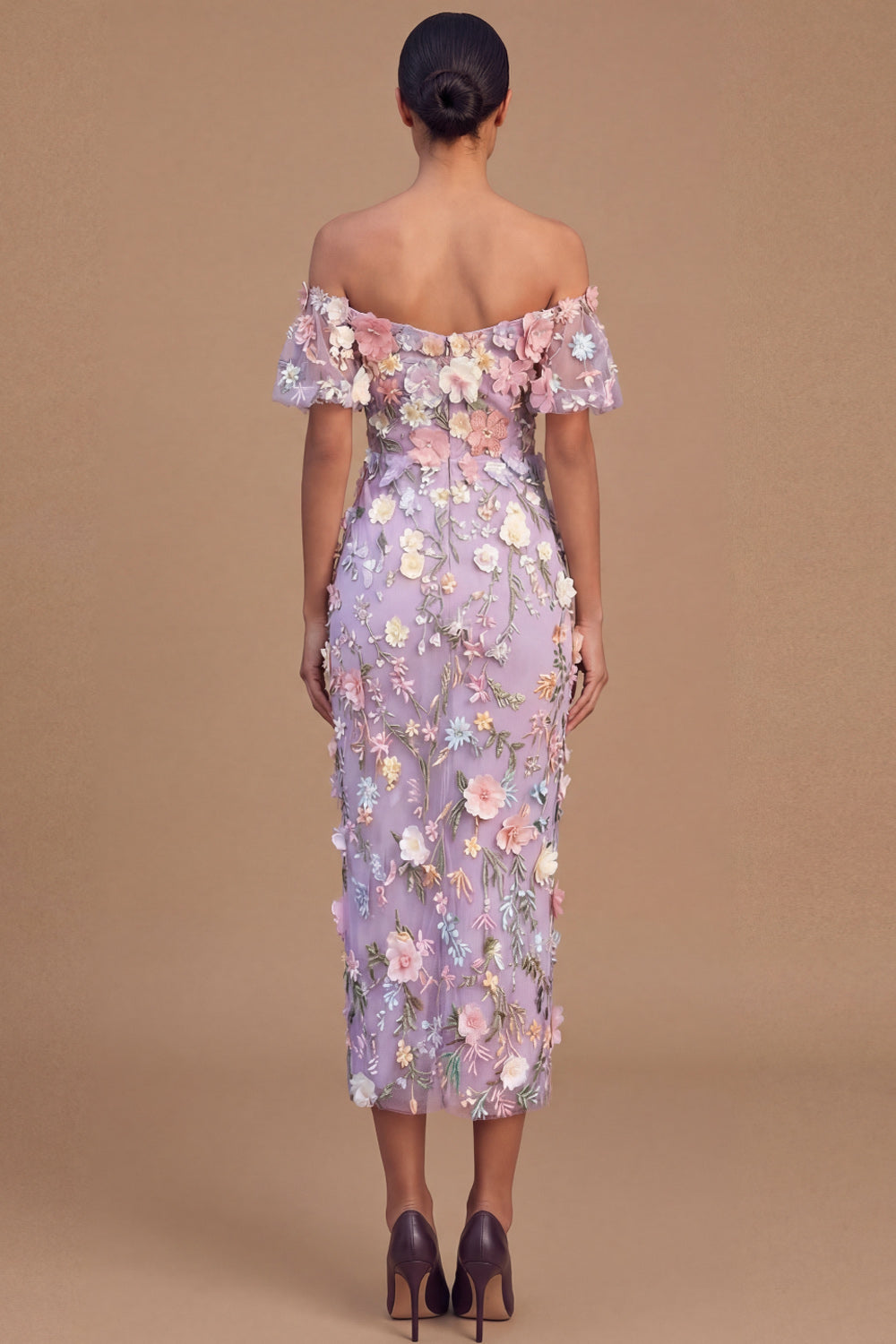 Lilac Floral Sheath Long Wedding Guest Dress with 3D Flower