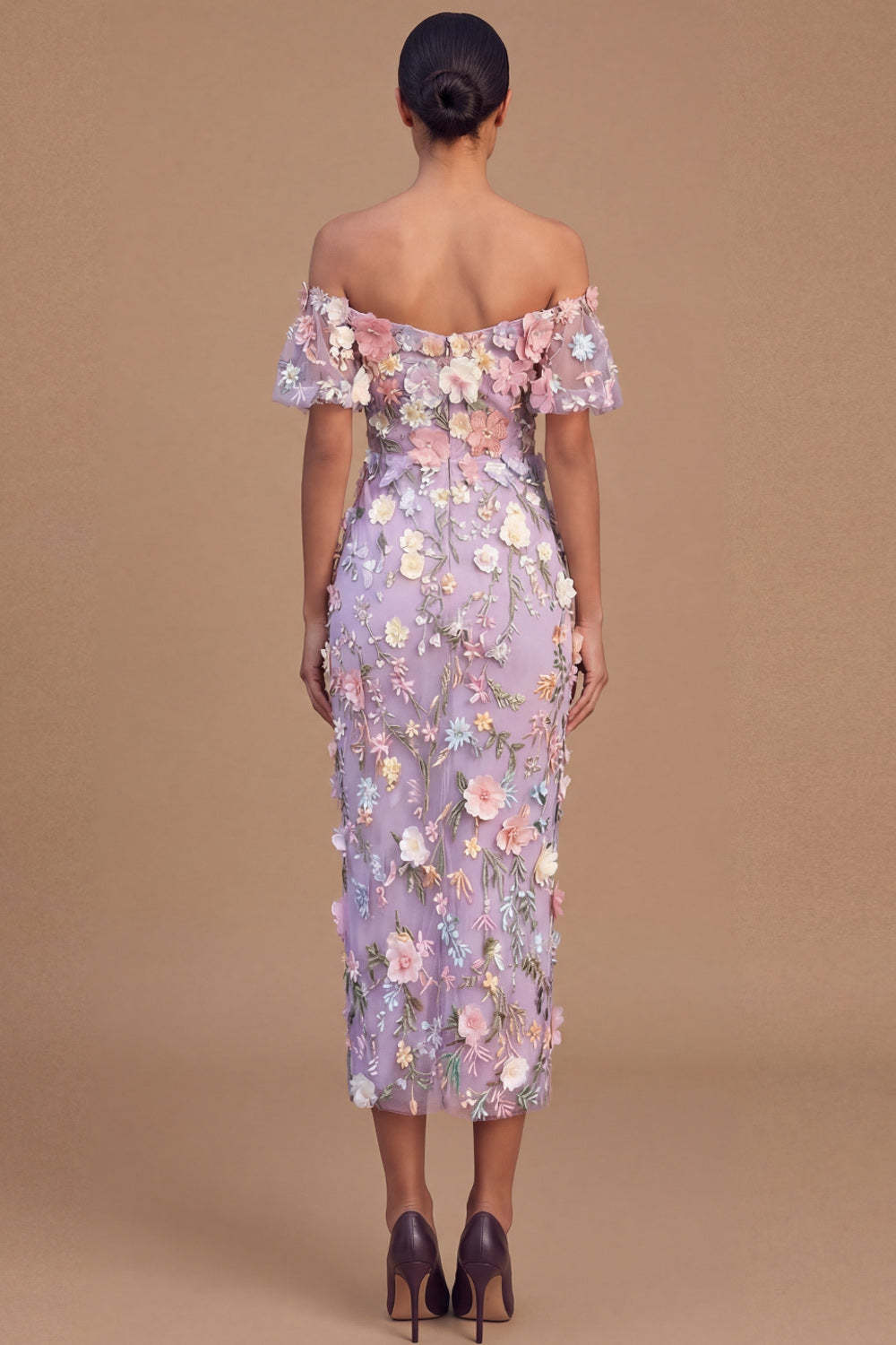 Lilac Floral Sheath Long Wedding Guest Dress with 3D Flower