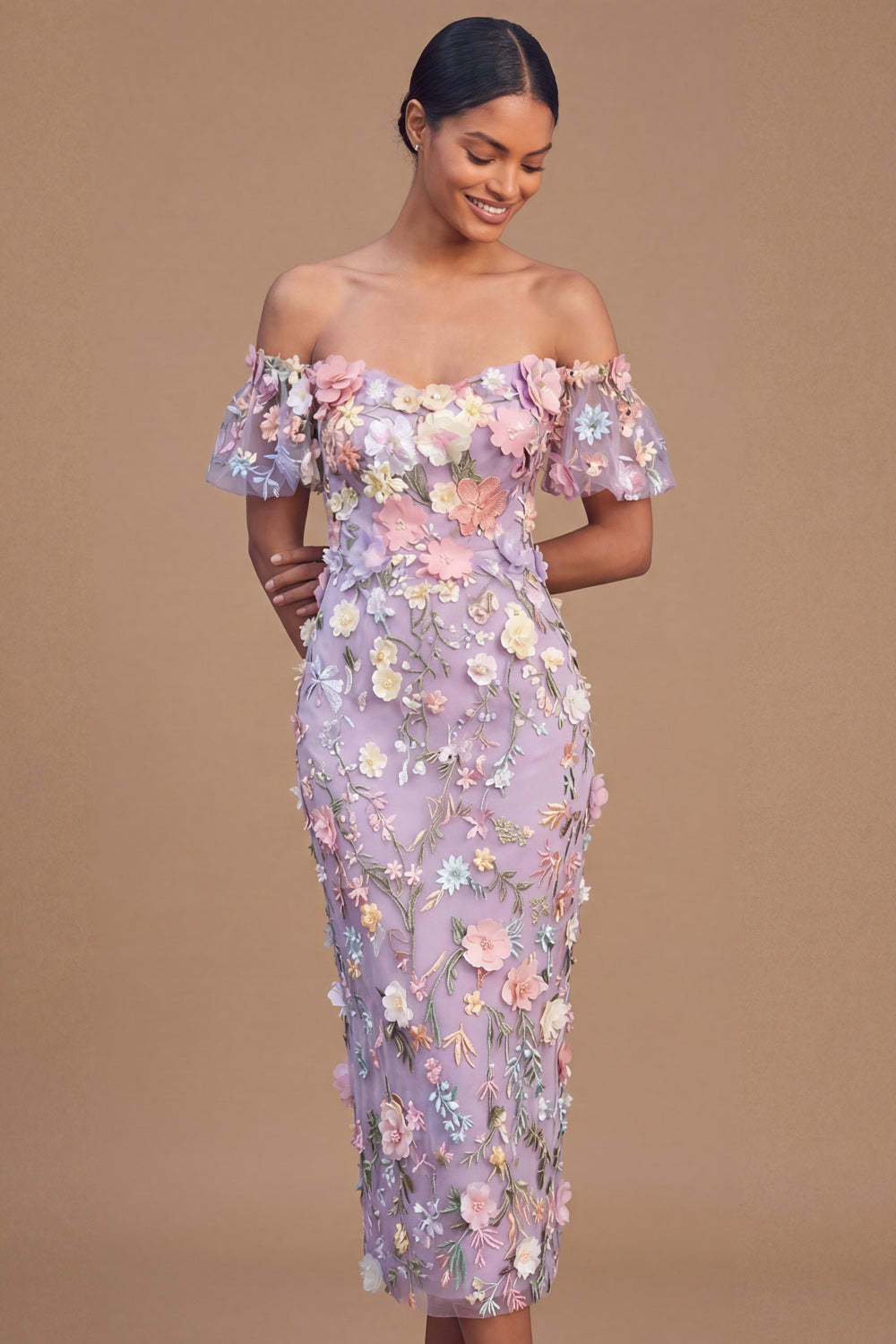 Lilac Floral Sheath Long Wedding Guest Dress with 3D Flower