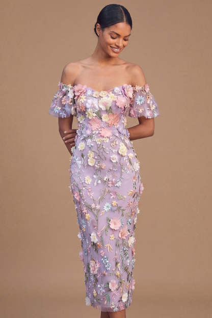 Lilac Floral Sheath Long Wedding Guest Dress with 3D Flower