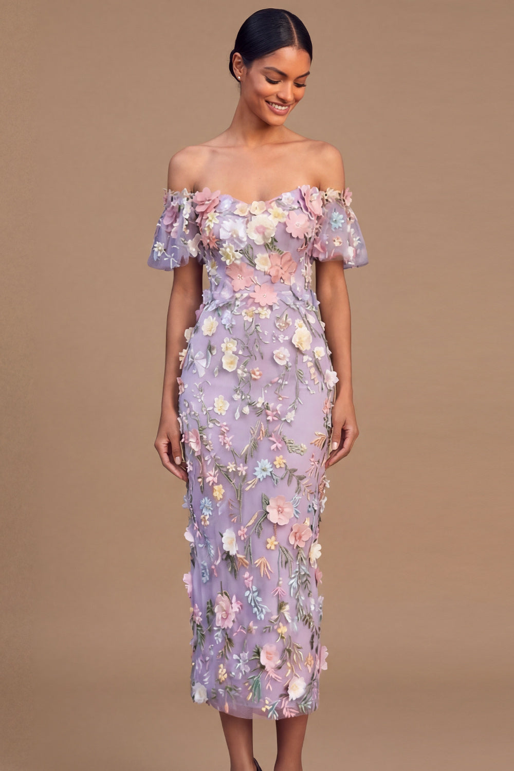 Lilac Floral Sheath Long Wedding Guest Dress with 3D Flower