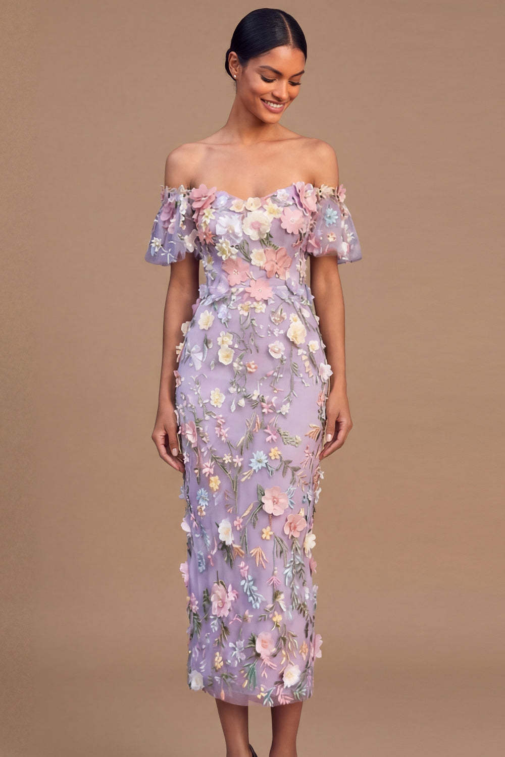 Lilac Floral Sheath Long Wedding Guest Dress with 3D Flower