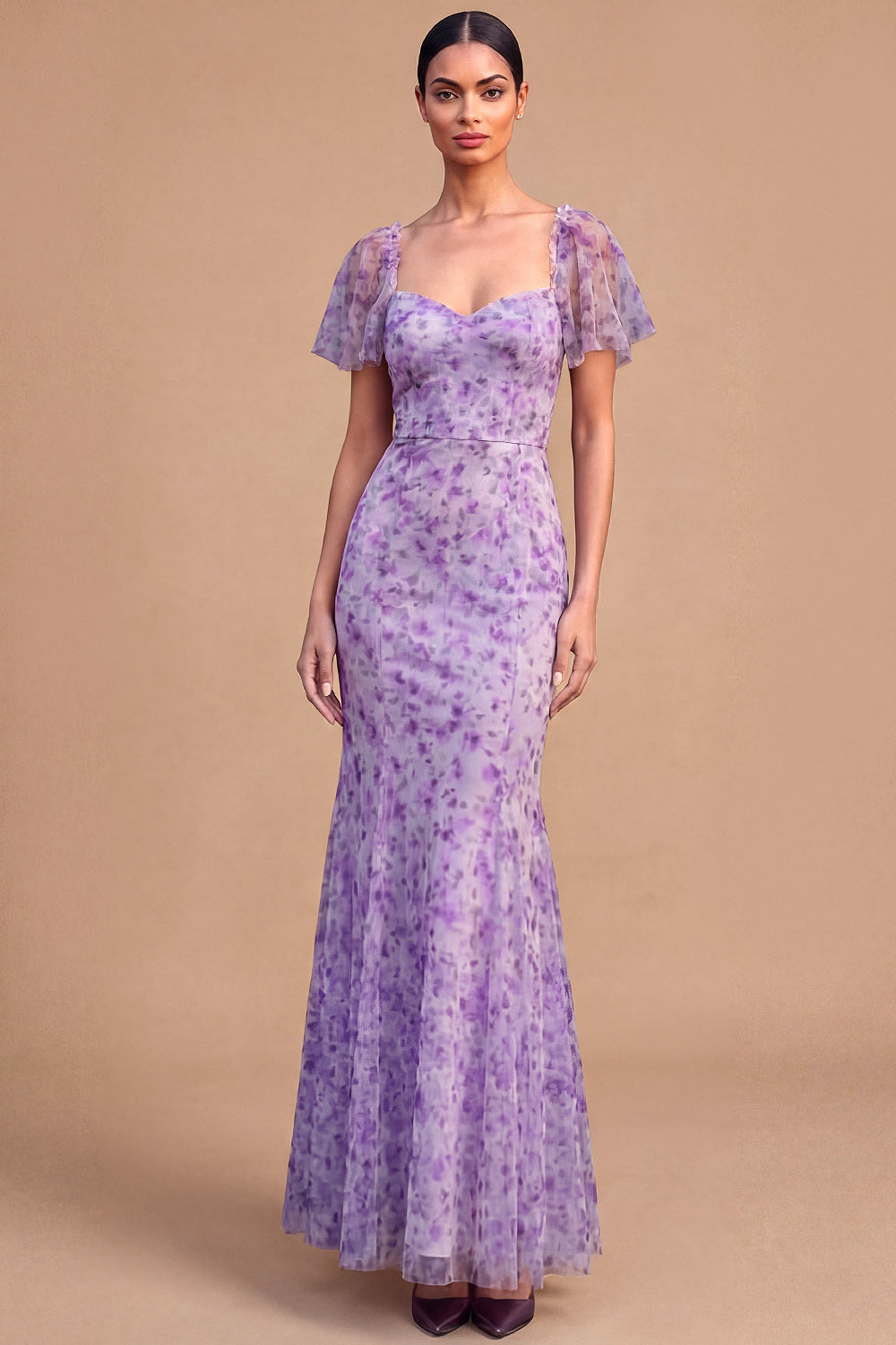 Floral Wisteria Sheath Sweetheart Flutter Sleeves Long Formal Dress