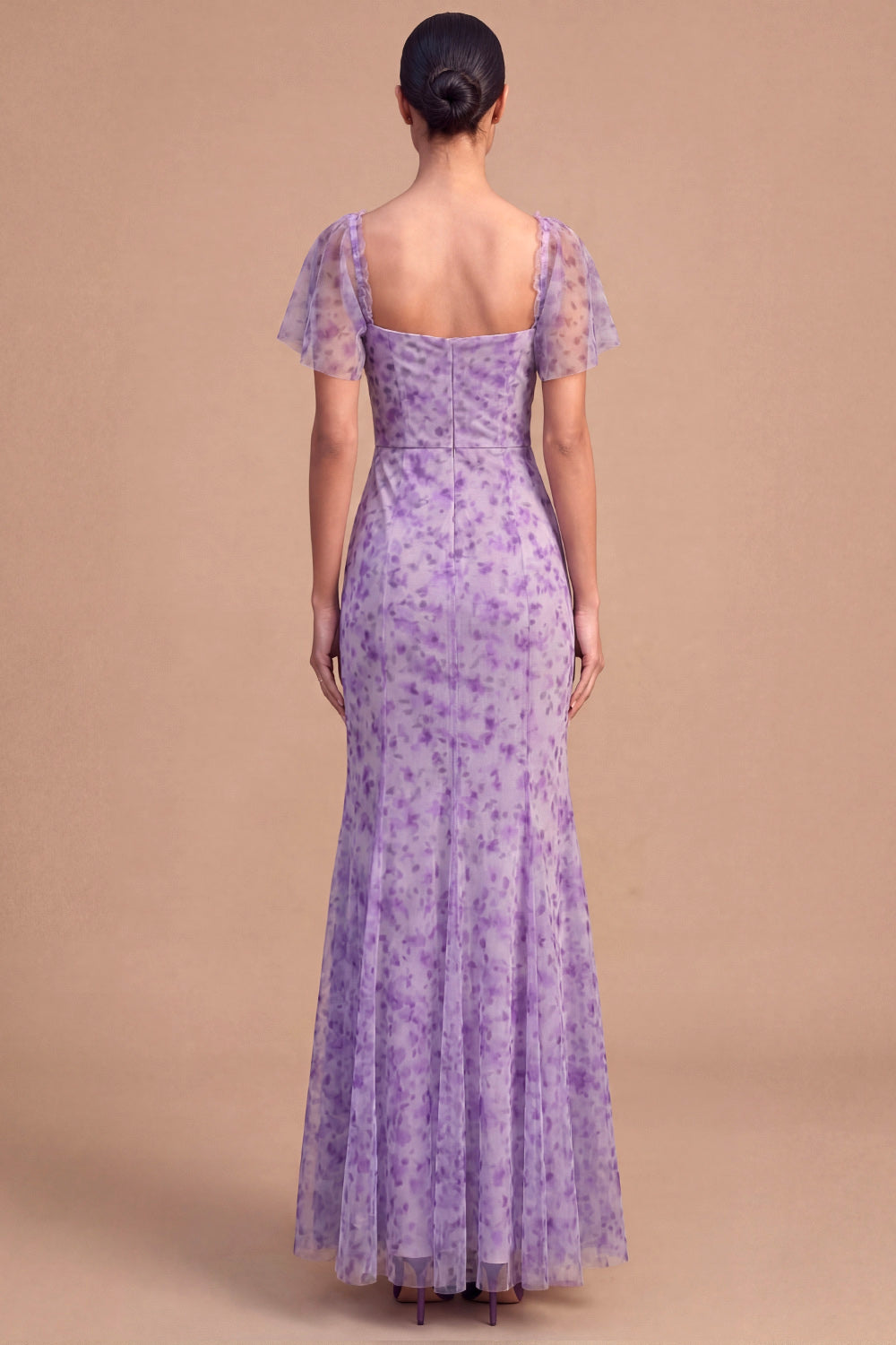 Floral Wisteria Sheath Sweetheart Flutter Sleeves Long Formal Dress