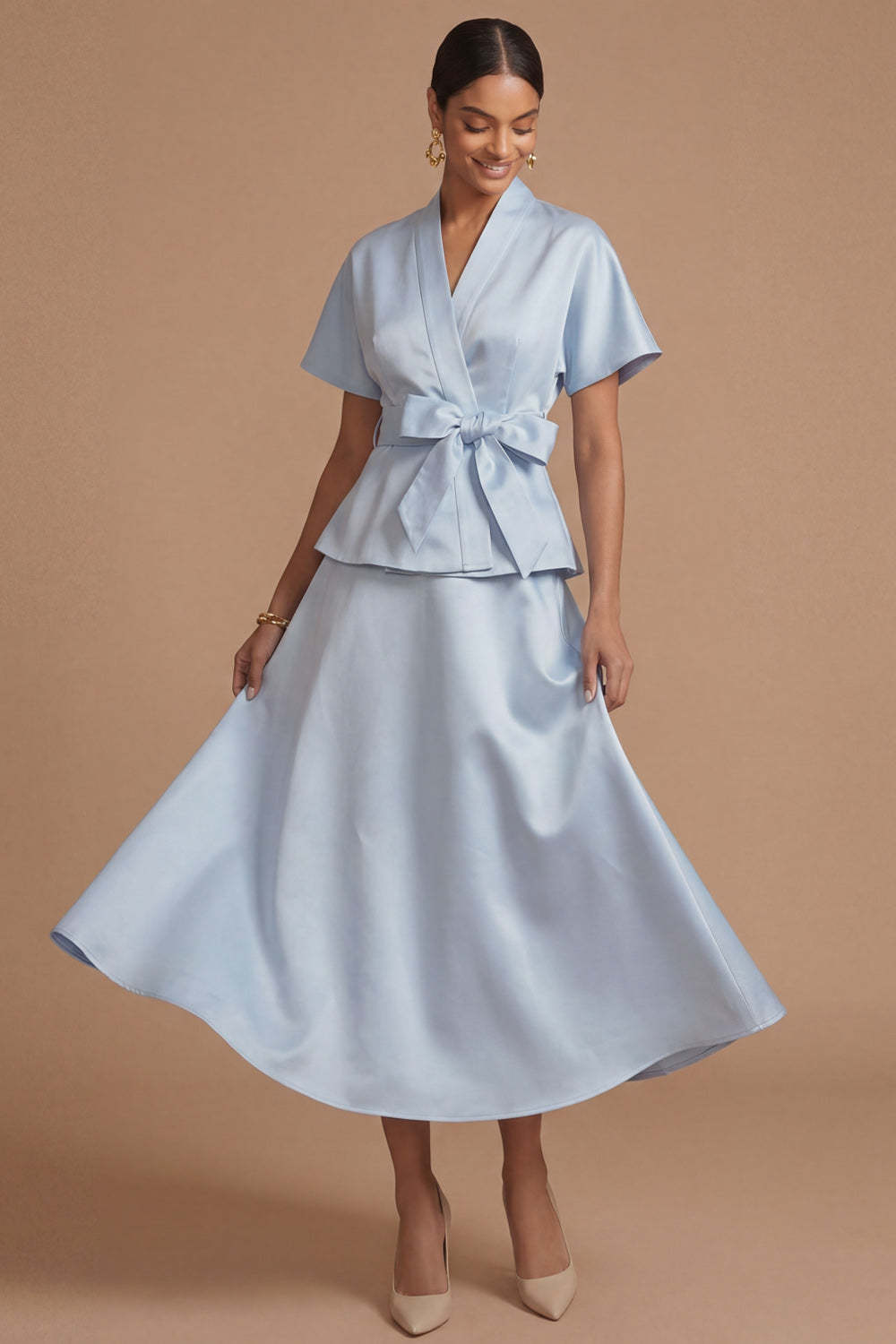 Leely Women Light Blue A Line V Neck Midi Formal Dress Short Sleeves Belt Wedding Guest Dress with Bow