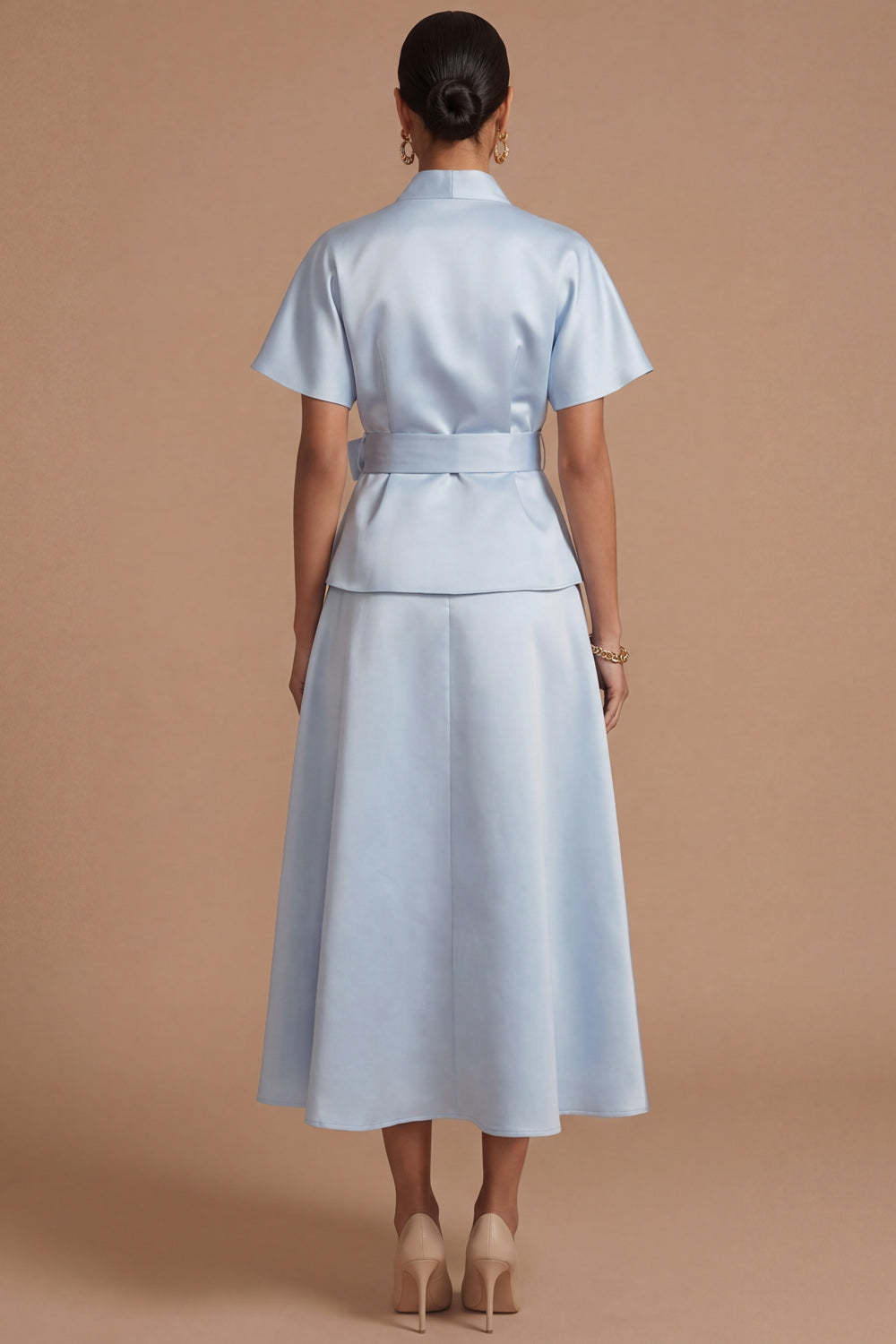 Light Blue A Line V Neck Short Sleeves Midi Formal Dress