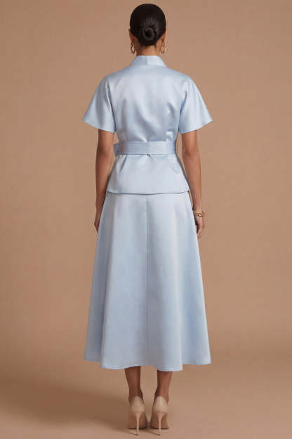 Light Blue A Line V Neck Short Sleeves Midi Formal Dress