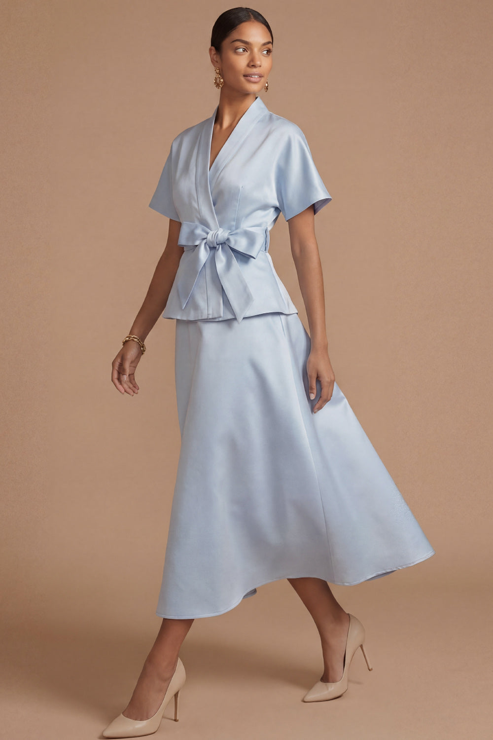 Light Blue A Line V Neck Short Sleeves Midi Formal Dress