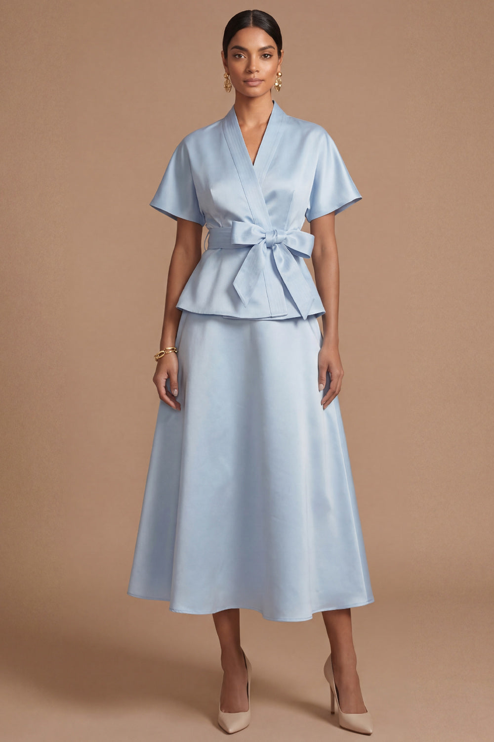 Light Blue A Line V Neck Short Sleeves Midi Formal Dress