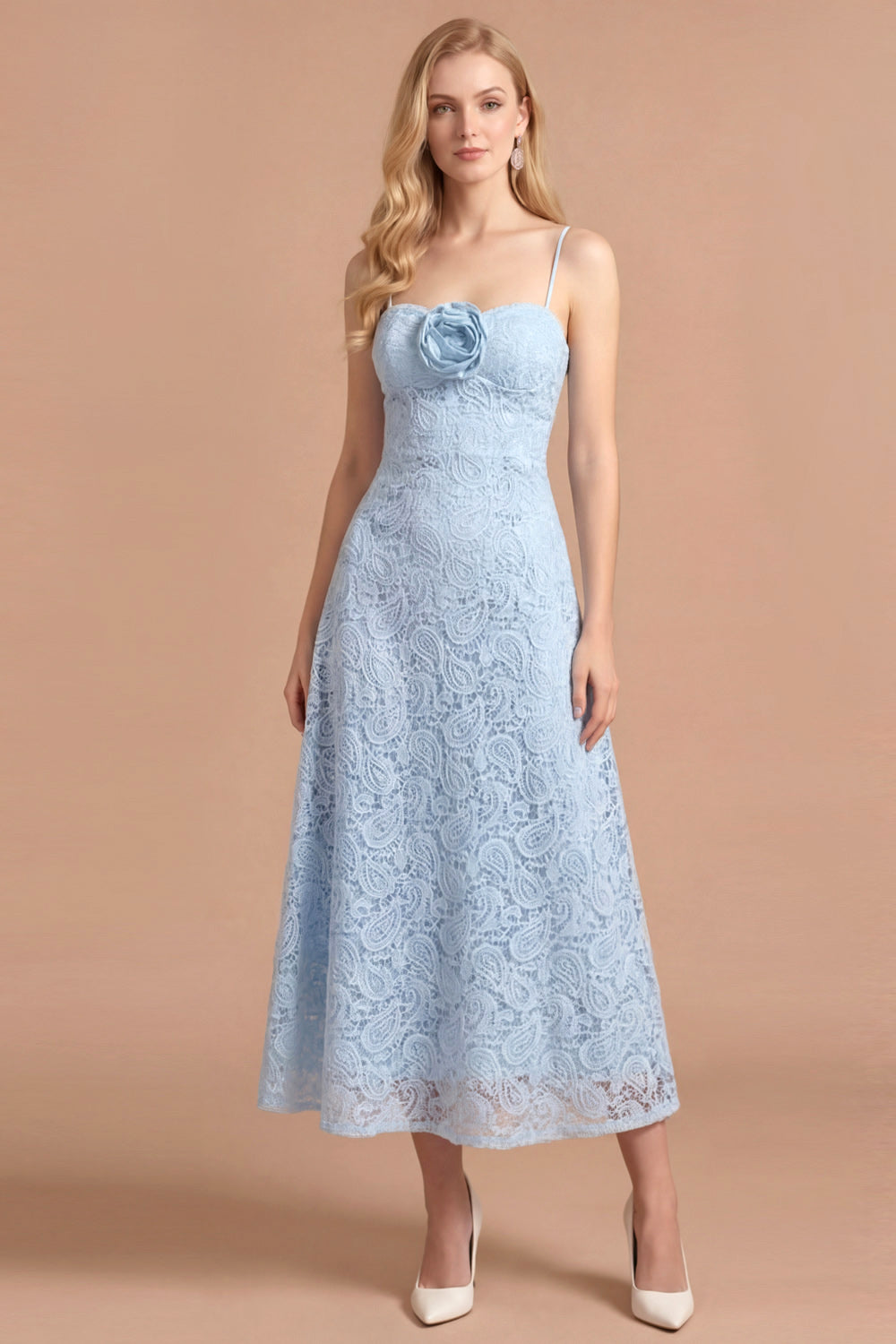Light Blue Floral Appliqued Spaghetti Straps Long Wedding Guest Dress