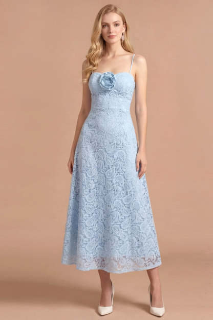 Leely Women Light Blue Floral Appliqued Sleeveless Long Wedding Guest Dress Spaghetti Straps Backless Bridesmaid Dress