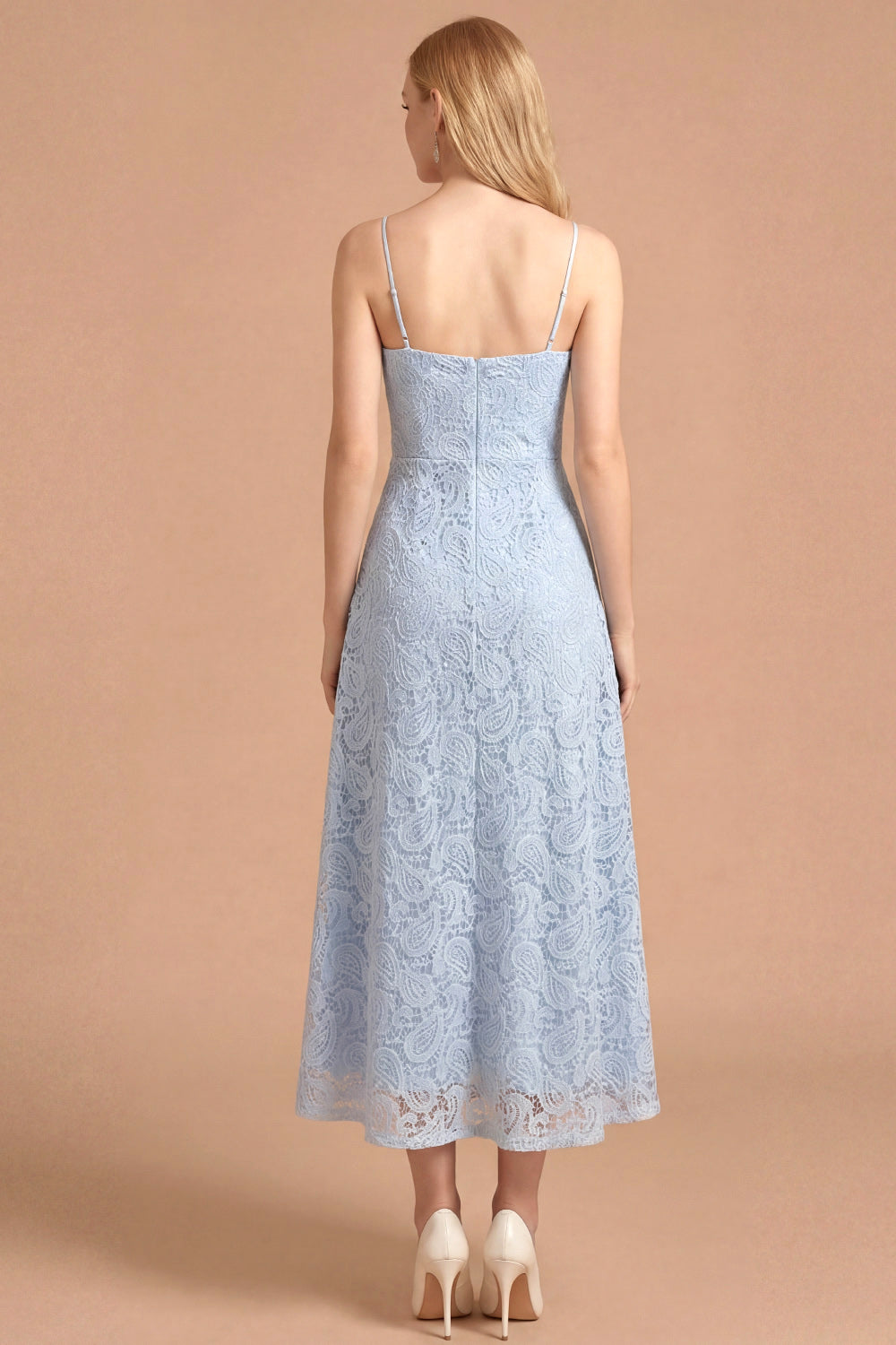 Light Blue Floral Appliqued Spaghetti Straps Long Wedding Guest Dress