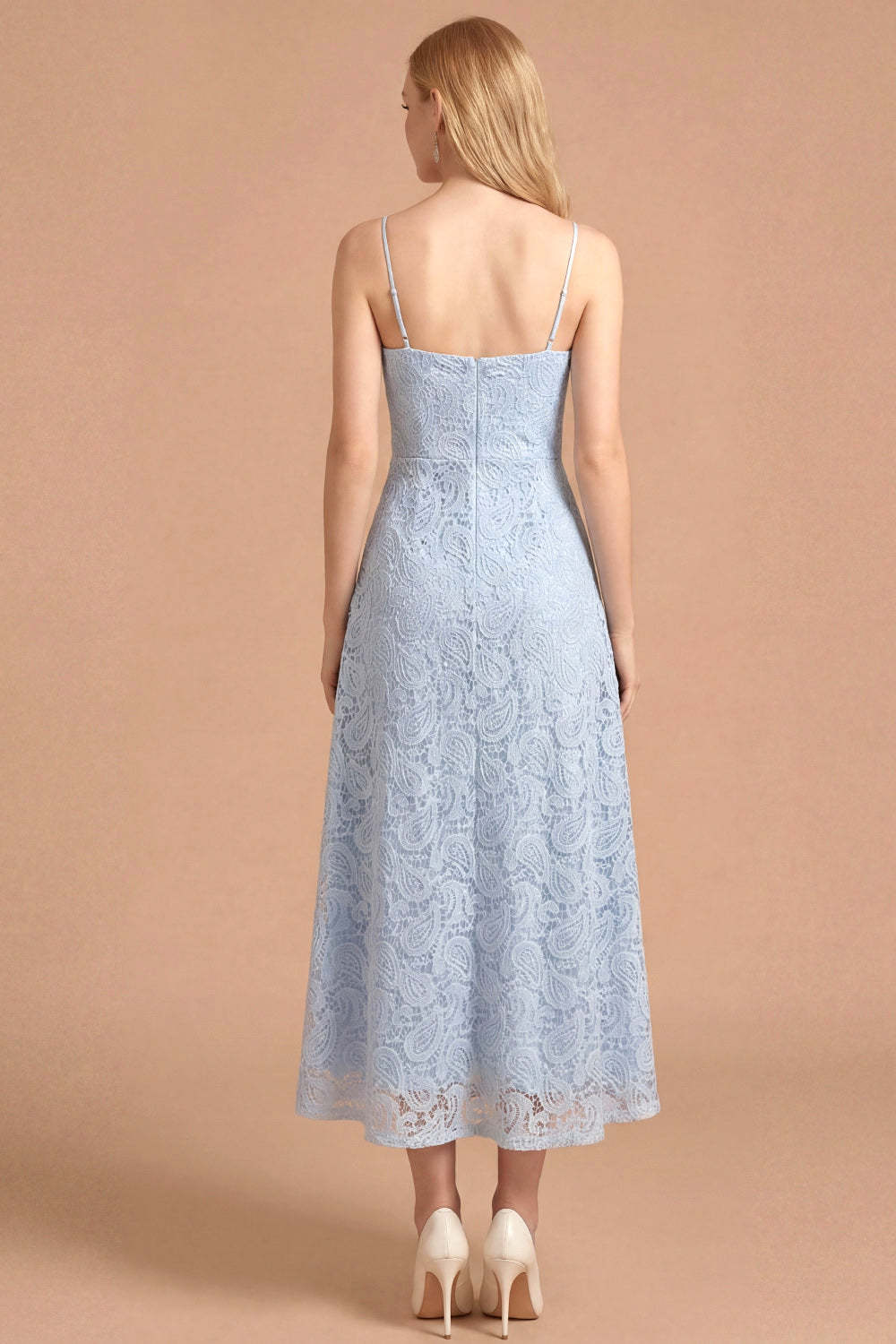Light Blue Floral Appliqued Spaghetti Straps Long Wedding Guest Dress