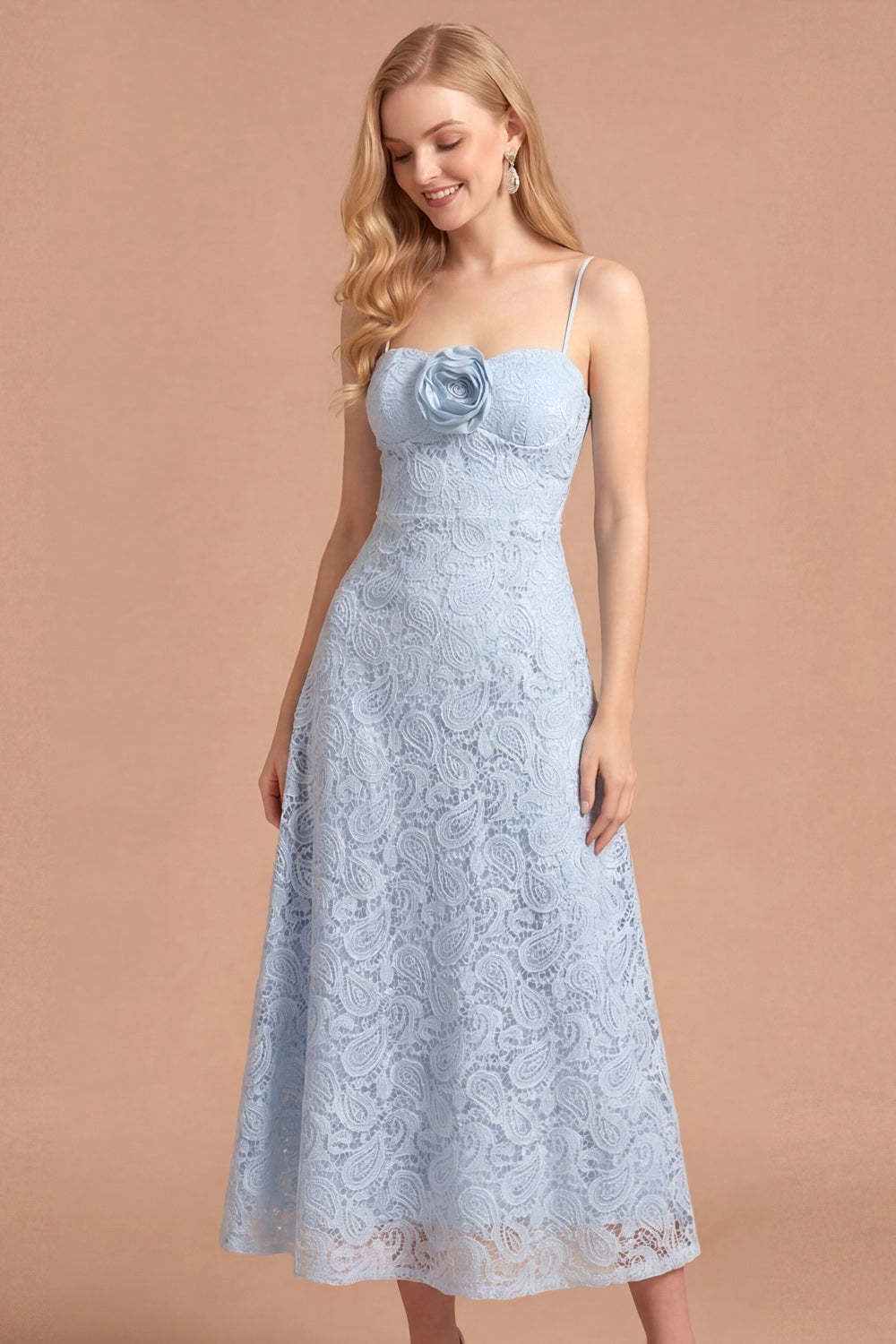 Light Blue Floral Appliqued Spaghetti Straps Long Wedding Guest Dress
