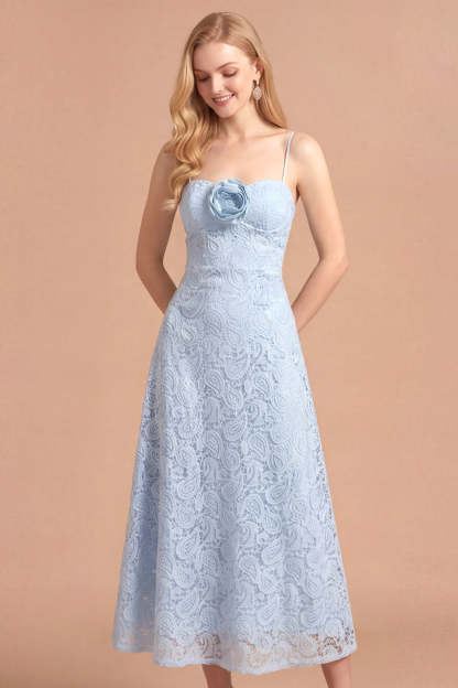 Light Blue Floral Appliqued Spaghetti Straps Long Wedding Guest Dress