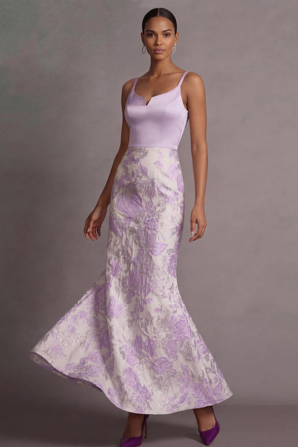 Leely Women Floral Lilac Jacquard Long Wedding Guest Dress Thick Straps Backless Sleeveless Evening Dress