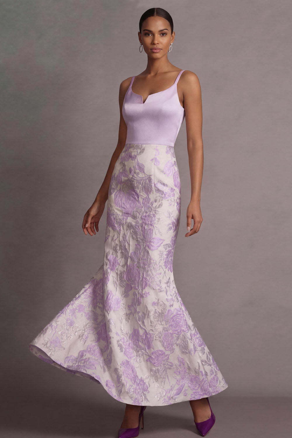 Leely Women Floral Lilac Jacquard Long Wedding Guest Dress Thick Straps Backless Sleeveless Evening Dress