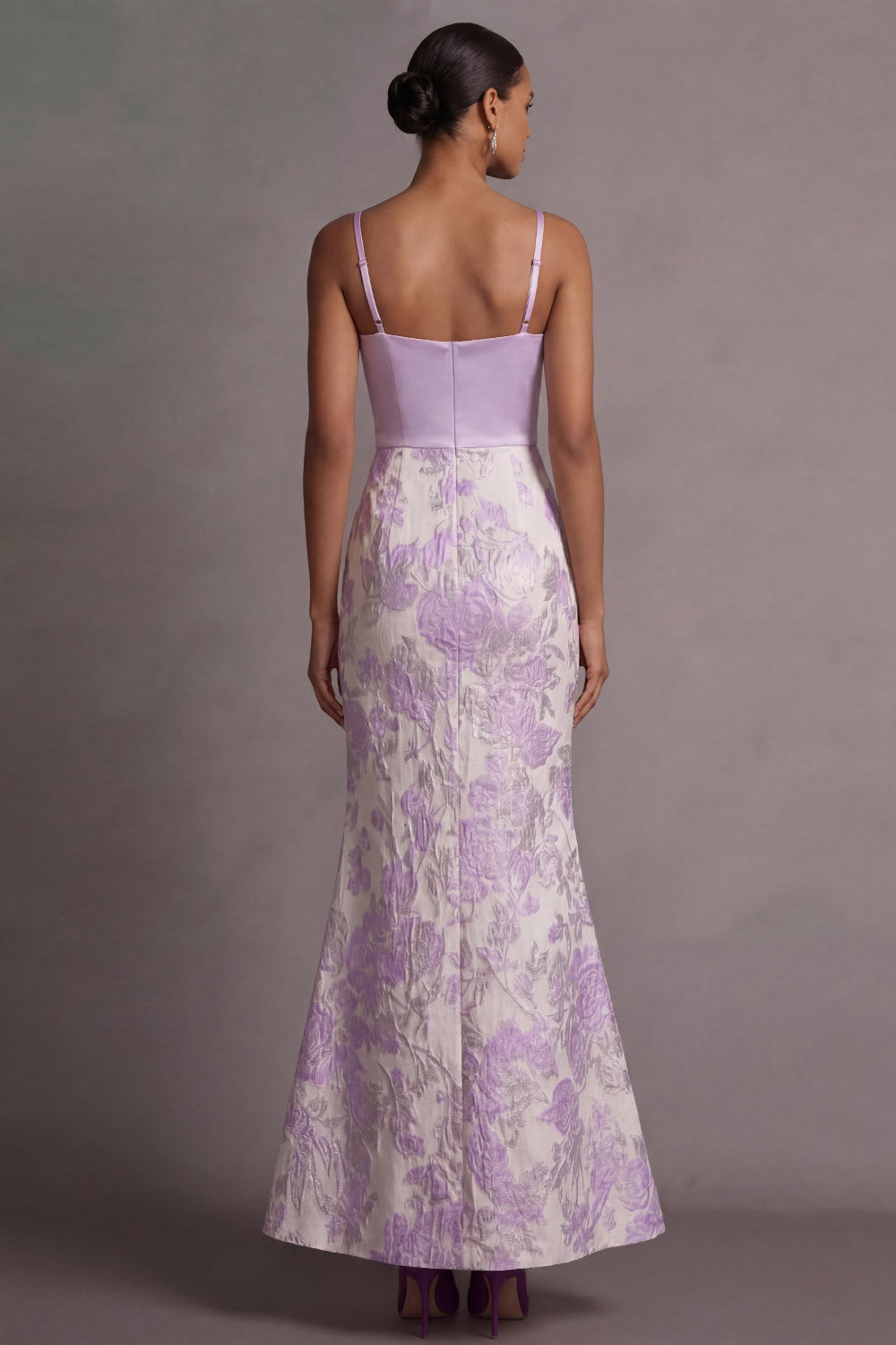 Floral Lilac Jacquard Thick Straps Long Wedding Guest Dress
