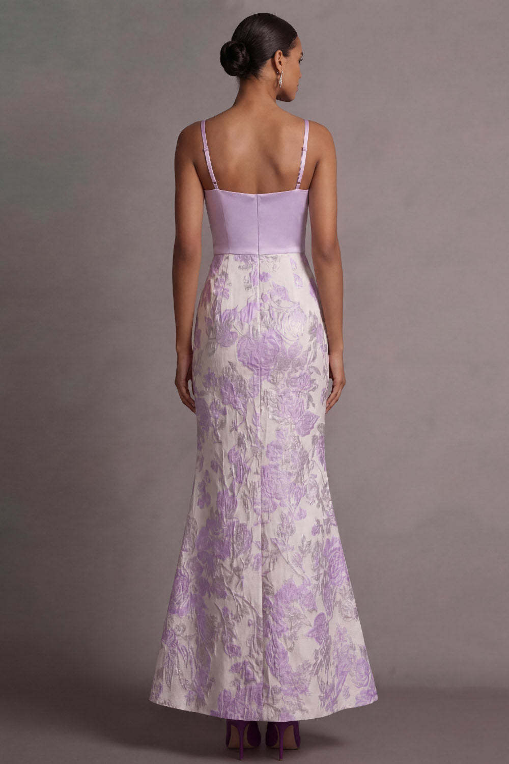 Floral Lilac Jacquard Thick Straps Long Wedding Guest Dress
