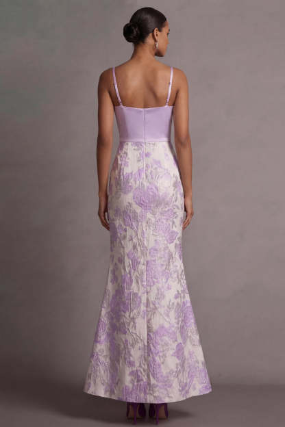 Floral Lilac Jacquard Thick Straps Long Wedding Guest Dress