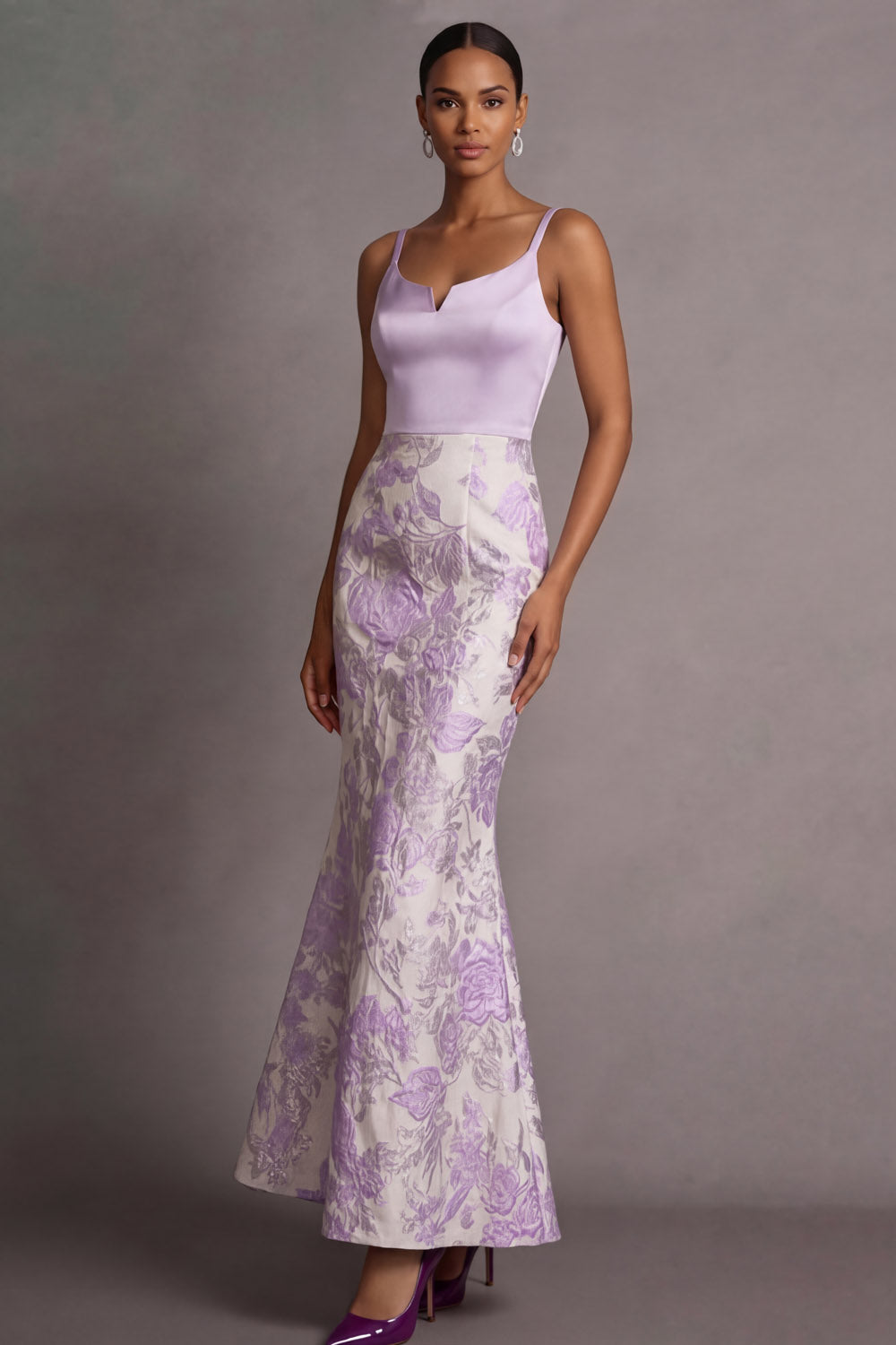 Floral Lilac Jacquard Thick Straps Long Wedding Guest Dress