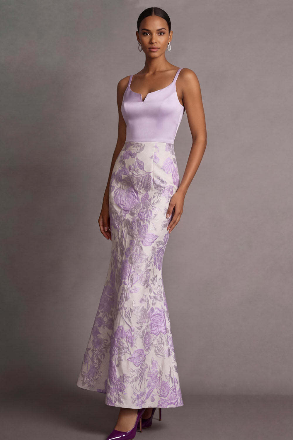 Floral Lilac Jacquard Thick Straps Long Wedding Guest Dress