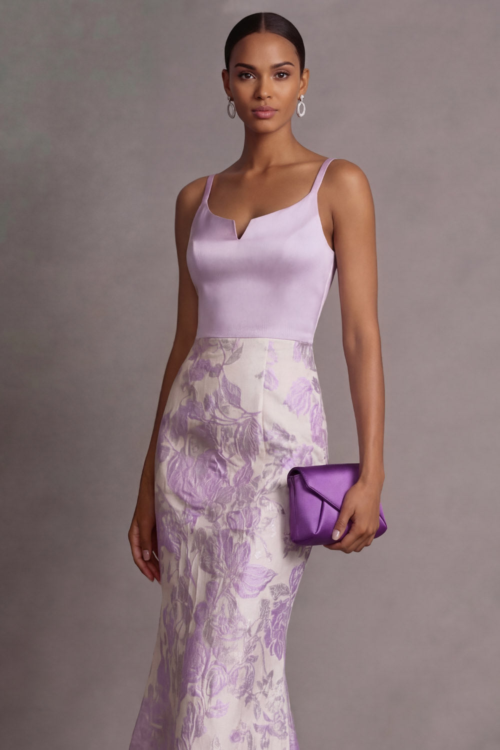 Floral Lilac Jacquard Thick Straps Long Wedding Guest Dress