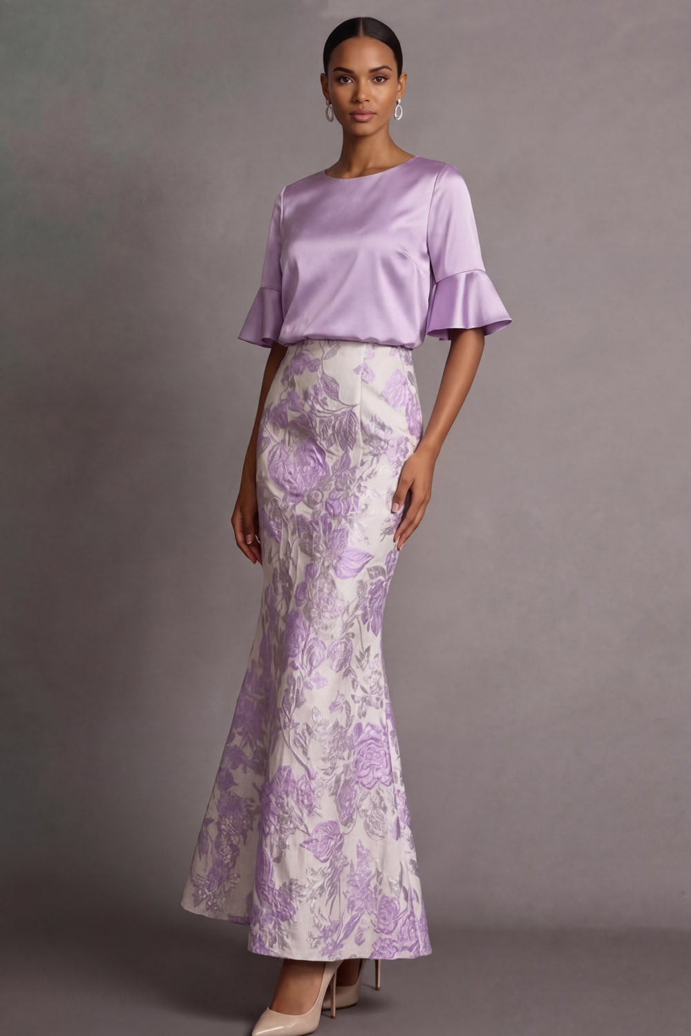 Lilac Floral Sheath Jacquard Round Neck Long Formal Dress
