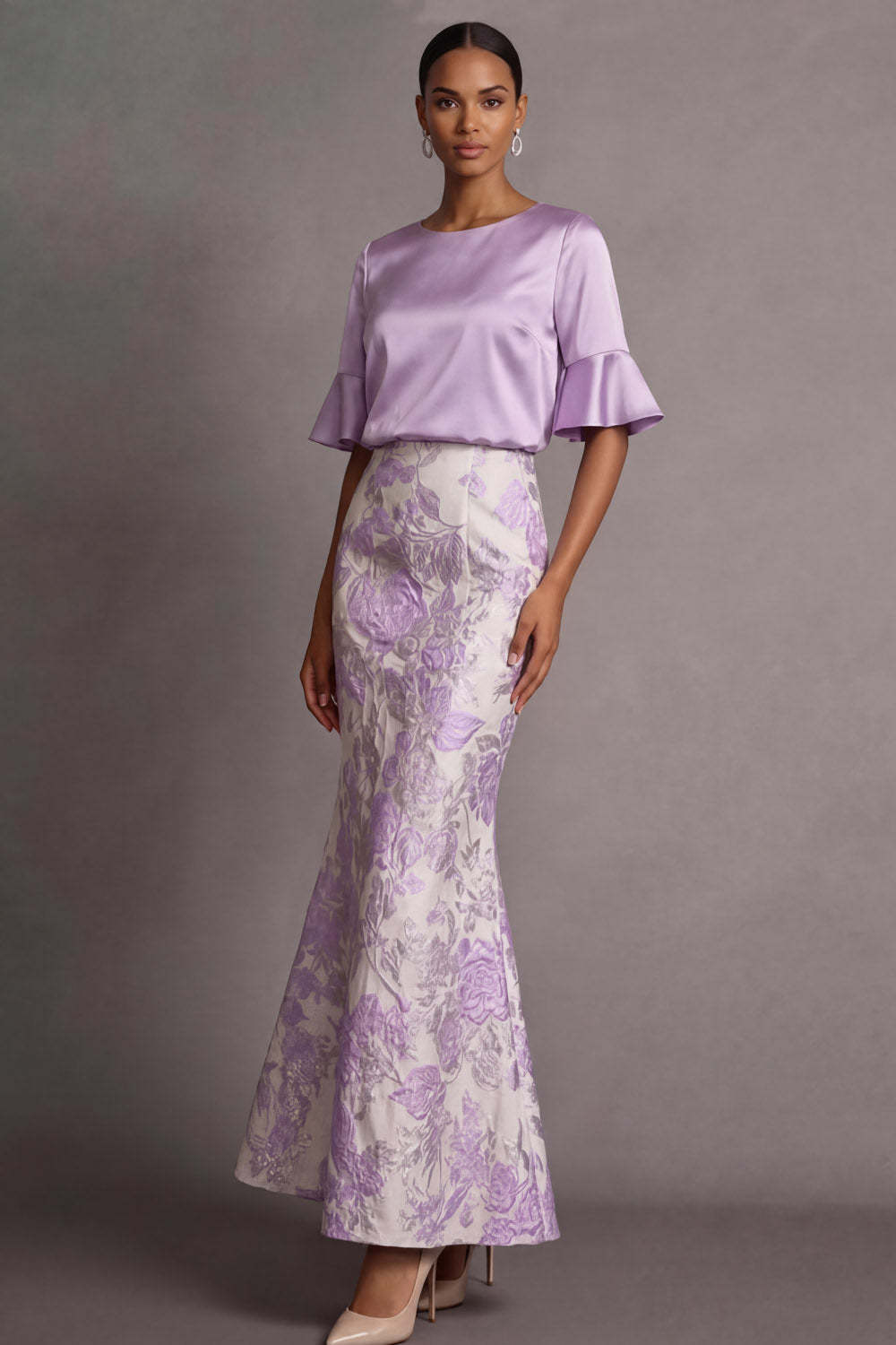 Leely Women Lilac Floral Sheath Jacquard Long Formal Dress Round Neck Flutter Sleeves Wedding Guest Dress