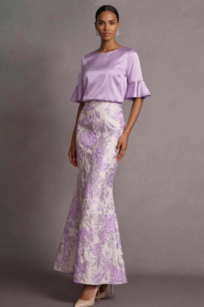 Leely Women Lilac Floral Sheath Jacquard Long Formal Dress Round Neck Flutter Sleeves Wedding Guest Dress