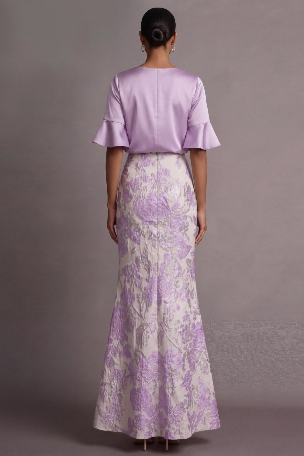 Lilac Floral Sheath Jacquard Round Neck Long Formal Dress