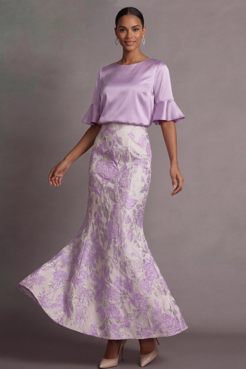 Lilac Floral Sheath Jacquard Round Neck Long Formal Dress