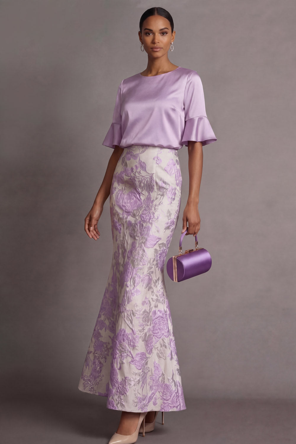 Lilac Floral Sheath Jacquard Round Neck Long Formal Dress