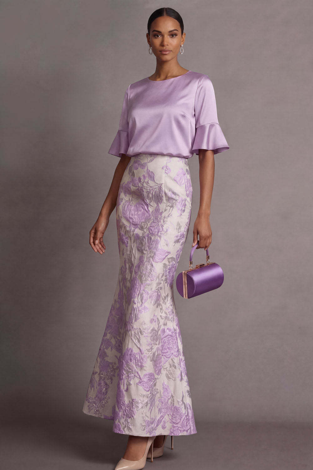 Lilac Floral Sheath Jacquard Round Neck Long Formal Dress