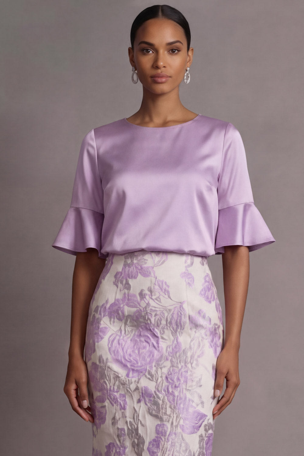 Lilac Floral Sheath Jacquard Round Neck Long Formal Dress
