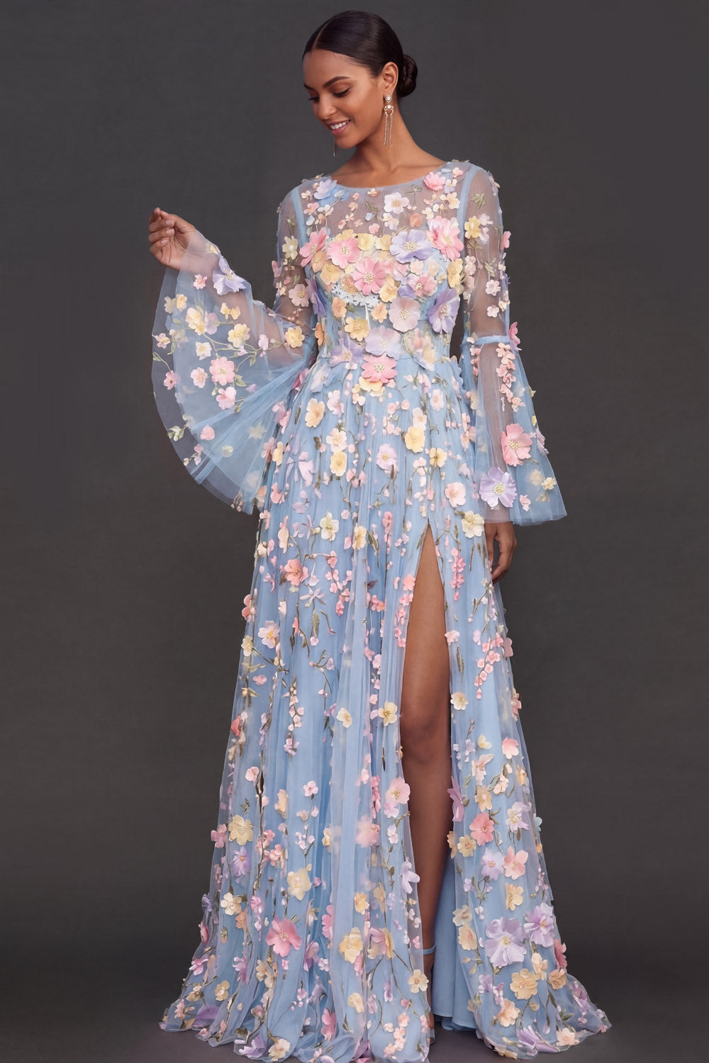 Lilac Floral A Line Appliqued Long Wedding Guest Dress with Slit